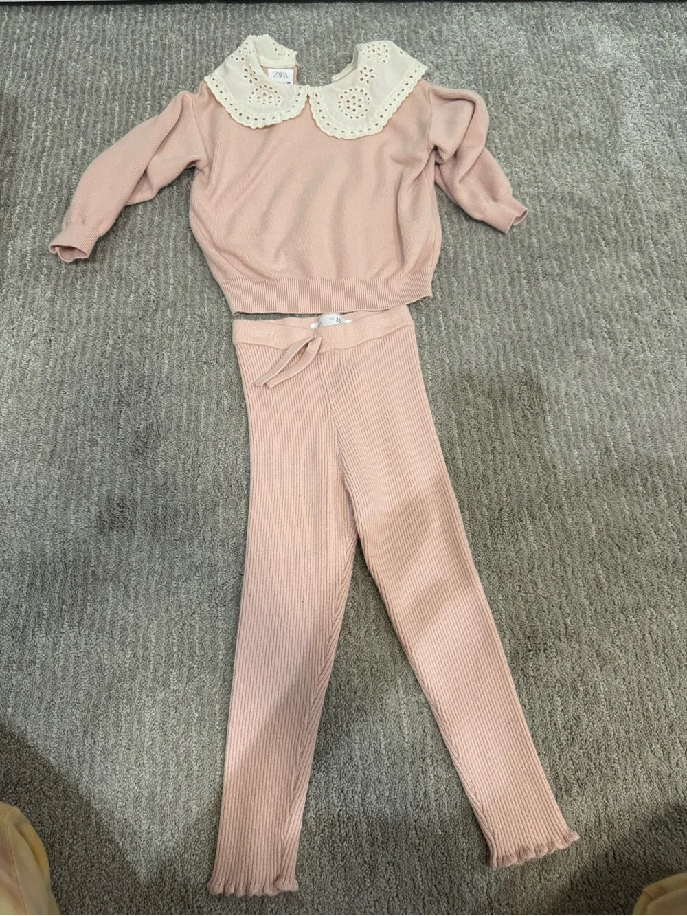 Zara Soft Pink Ribbed Knit Sweater and Leggings Set with Lace Collar